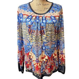 Etcetera Women's Blue Multicolor Paisley Print Semi-Sheer Top Blouse Sz M